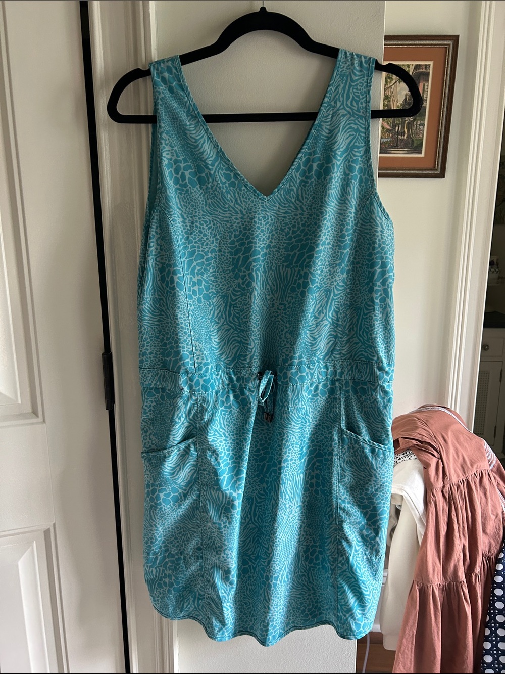 Turquoise Printed V-Neck Drawstring Tank Dress